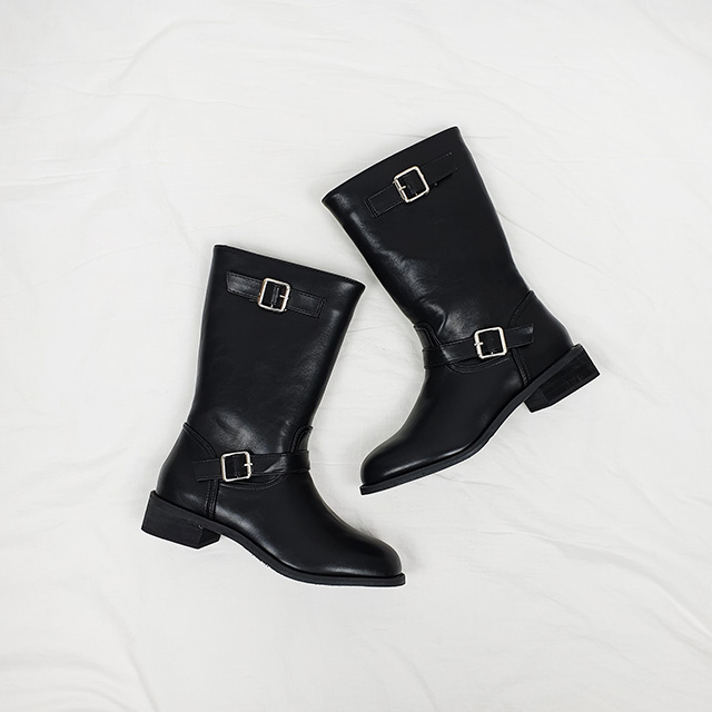 일라 블랙 하프 벨트장식 통굽 미들 부츠 4cm