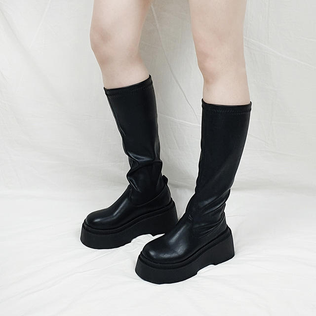 후스 블랙 라운드 통굽 스판 키높이 롱부츠 8cm 대표이미지 섬네일