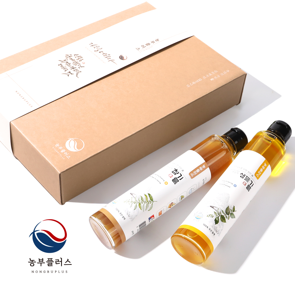 농부플러스 국산 냉압착 생들기름 저온착유 들기름 참기름 200ml 2병 선물세트