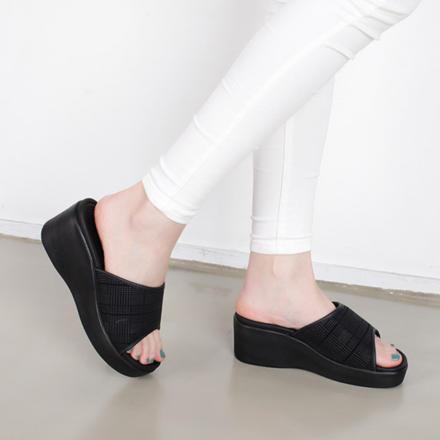 행텐 국산 여성 체크 격자 사무실 키높이 하이 슬리퍼 7cm 대표이미지 섬네일