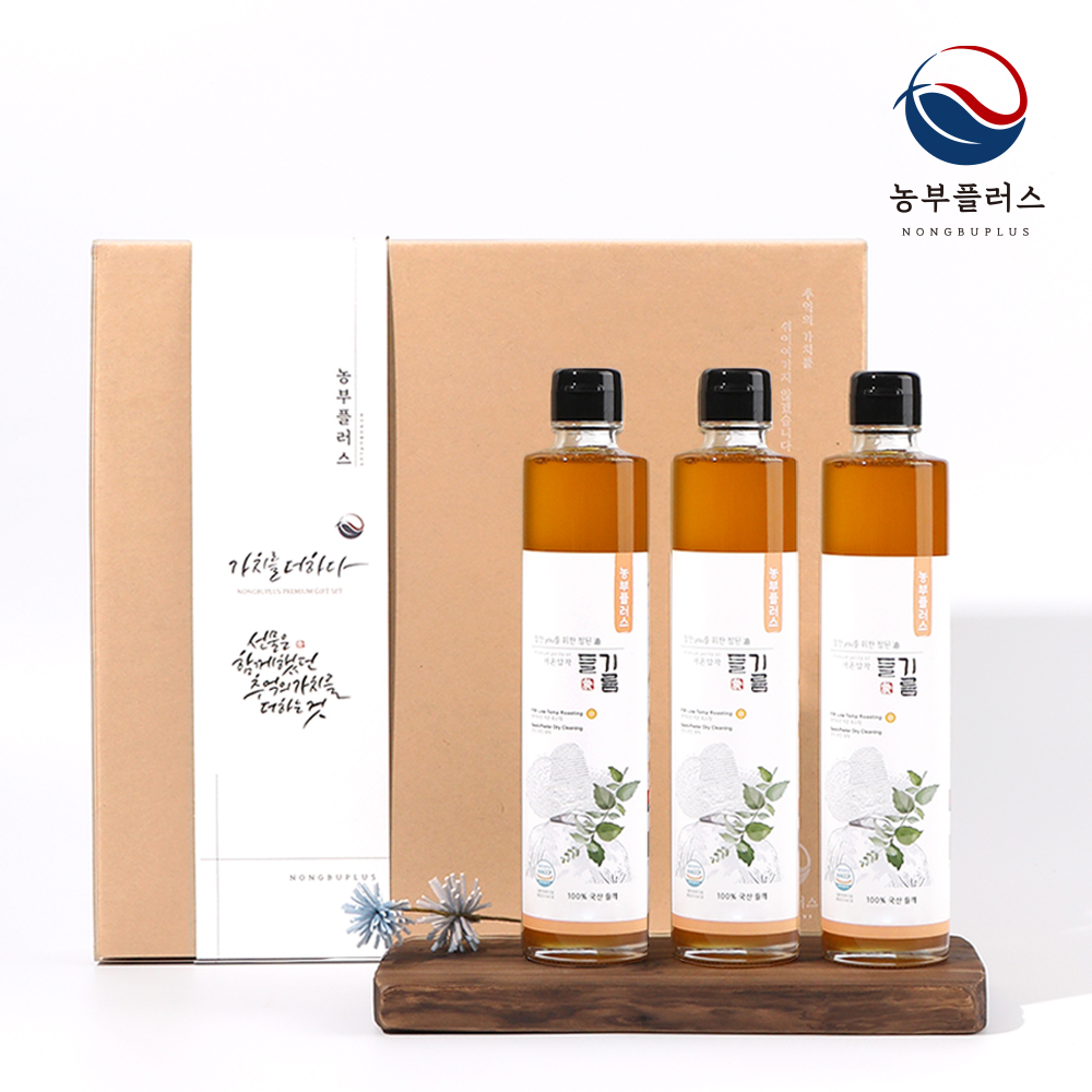 농부플러스 국산 냉압착 생들기름 저온착유 들기름 참기름 180ml 3병선물세트