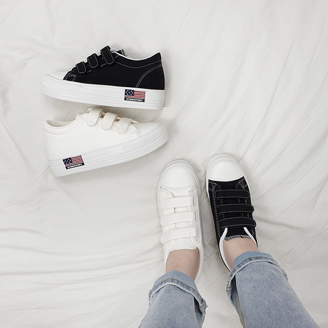 가우 국산 캔버스 세줄 벨크로 키높이 통굽 스니커즈 5cm