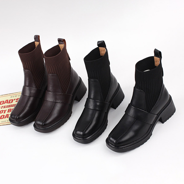 행텐 여성 소가죽 니트 라인 키높이 통굽 부츠 6cm